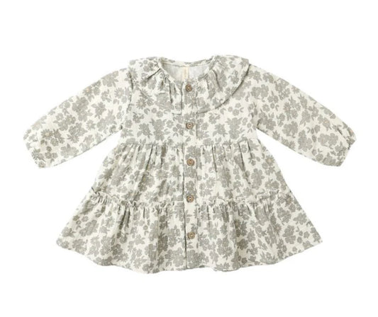 Ruffle Collar Button Dress- Green Floral