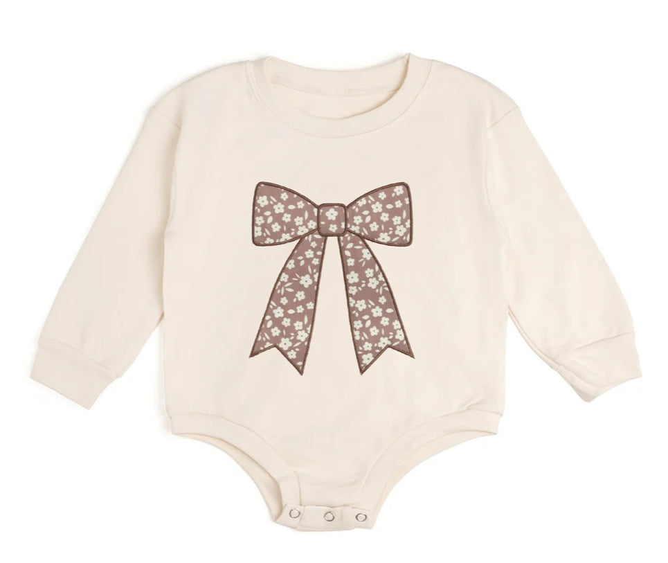 Mocha Floral Bow Patch Long Sleeve Romper