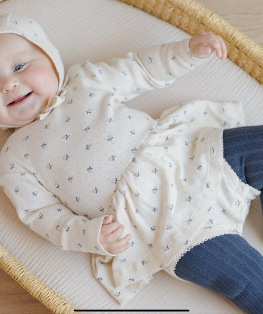 Pointelle Skirted Bodysuit- Blue Ditsy