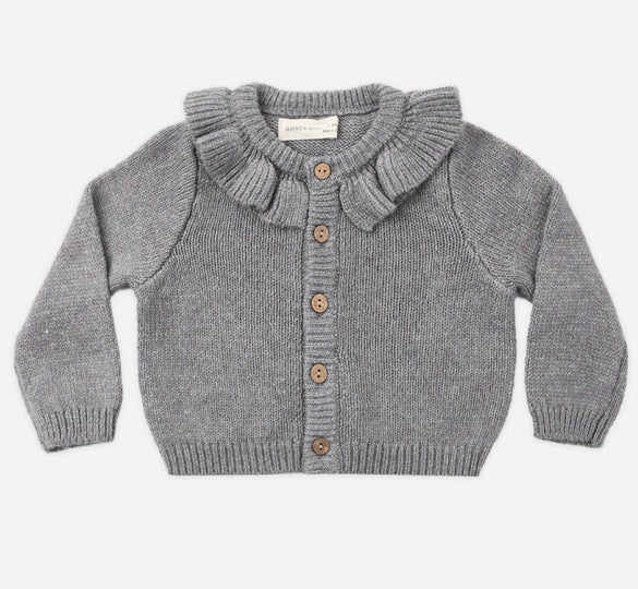 Ruffle Collar Cardigan- Heathered Slate