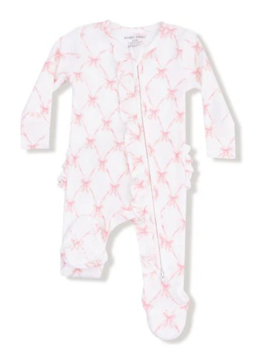 Ribbon Bow Trellis- Two Way Ruffle Zipper Footie