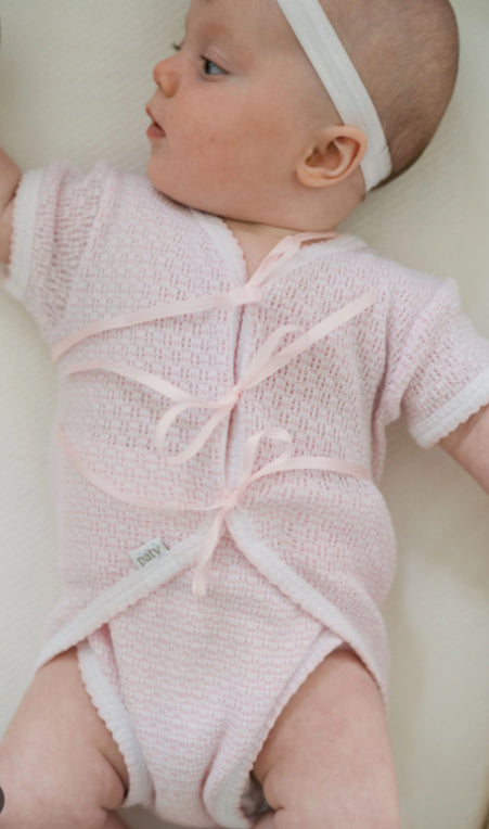 Knit Ribbon Tie Onesie- Pink