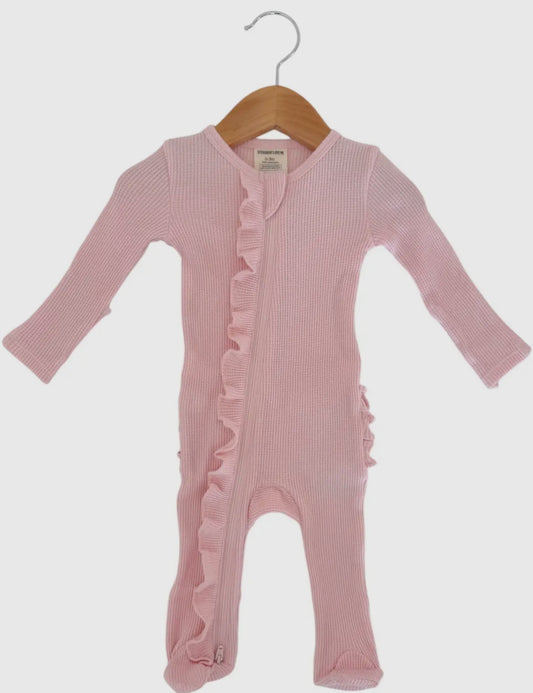 Organic Waffle 2-Way Zip Ruffle Footie, Blush