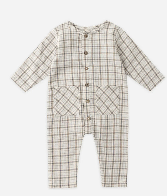 Pocketed Woven Jumpsuit- Blue Plaid