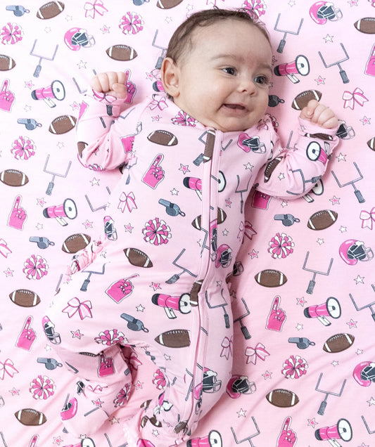 Game Day Pink- Two Way Zipper Ruffle Back Footie