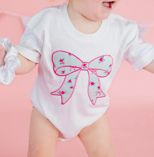 Sky Blue Floral Bow Patch Romper