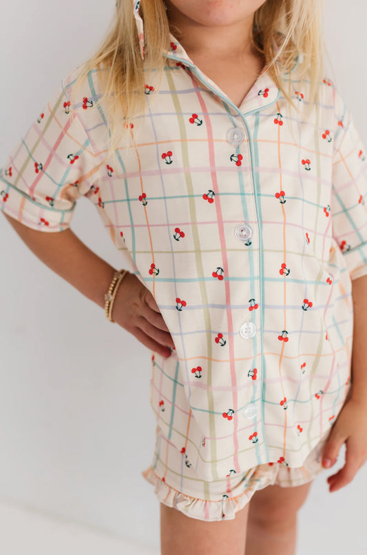 Cherry Grid Button Up Short Set