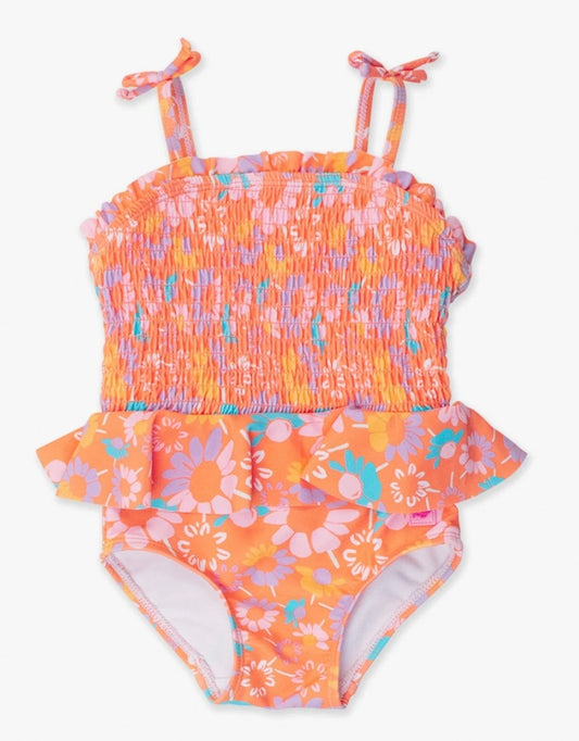 Coral Floral Peplum Smocked Bodice One Piece