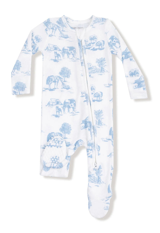 Farm Toile- Blue 2 Way Zipper Footie