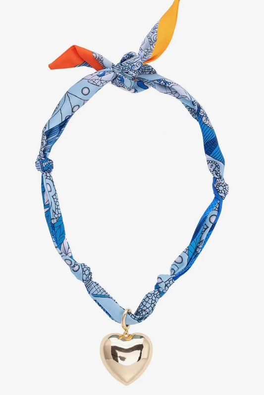 Gabby Puffy Heart Scarf Necklace aqua/white
