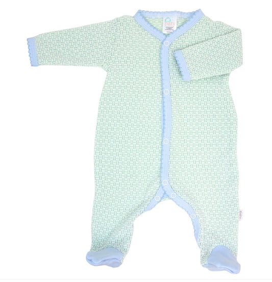 Paty Knit Solid Color Footie with Pima Trim-Mint/Blue