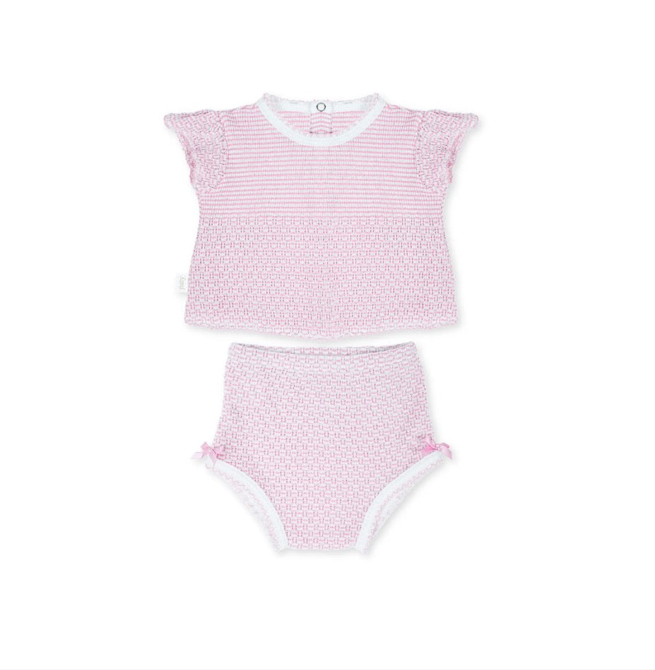 Paty Knit Flutter Sleeve Diaper Set with Bows-Pink