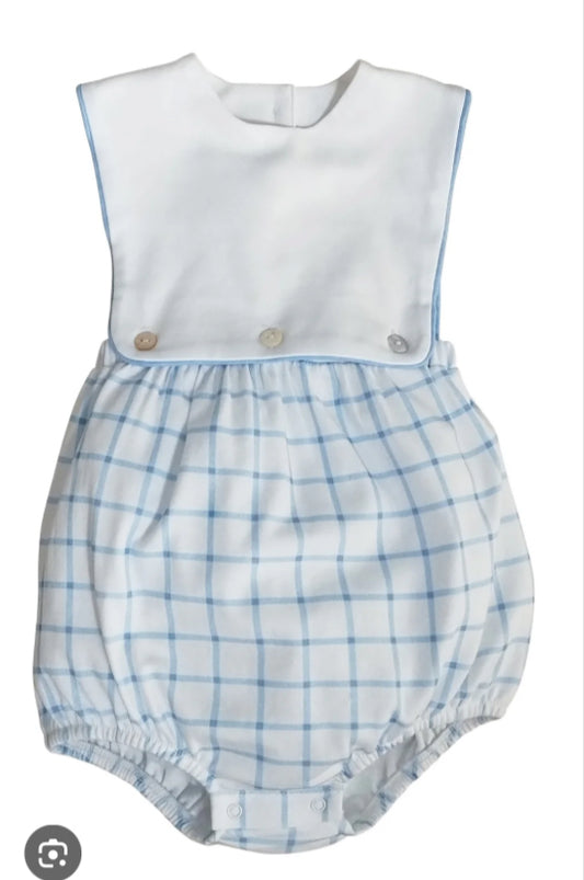 Blue windowpanes print white baby boy romper