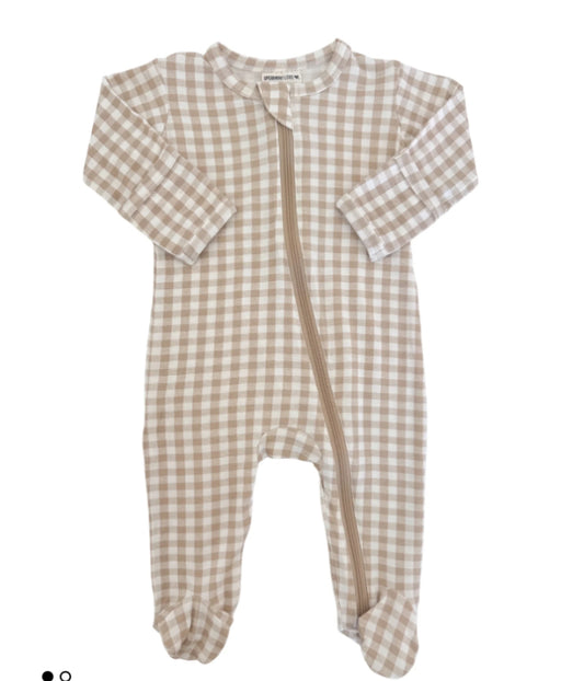 Tan Gingham zip footie
