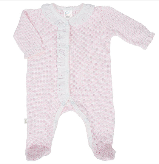 Paty Knit Solid Color Footie with Eyelet Trim Pink
