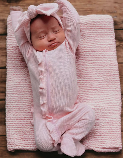Organic Waffle 2-Way Zip Ruffle Footie, Blush