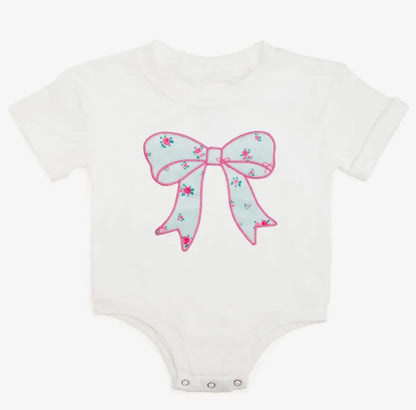 Sky Blue Floral Bow Patch Romper