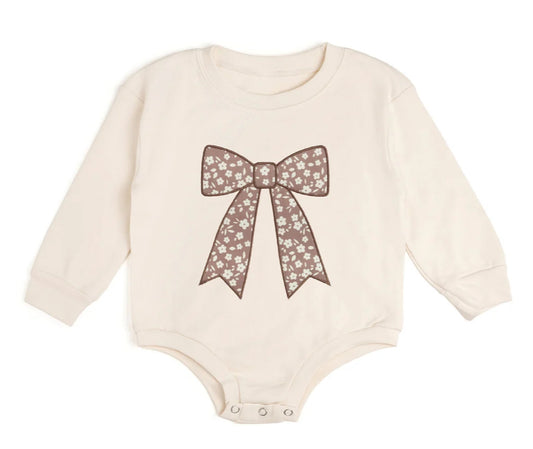 Mocha Floral Bow Patch Long Sleeve Romper
