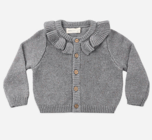 Ruffle Collar Cardigan- Heathered Slate