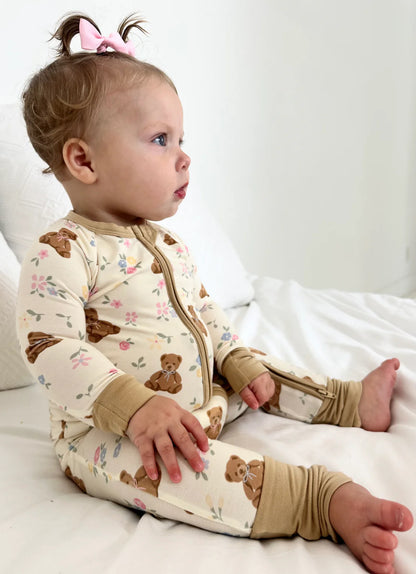 Teddy in Bloom- Zipper Footie Pajamas