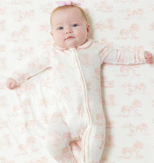 Farm Toile Pink- Two Way Zipper Footie