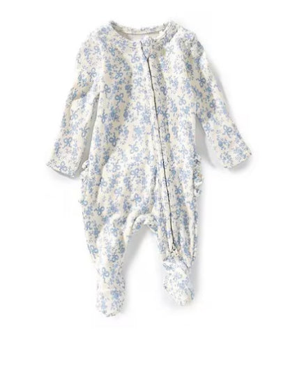 Romi Floral- Two Way Zipper Ruffle Back Footie