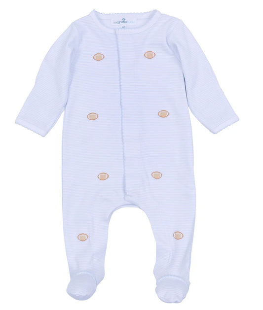 Touchdown Cutie Embroidered Zipper Footie- Light Blue