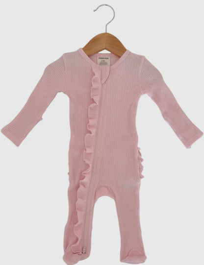 Organic Waffle 2-Way Zip Ruffle Footie, Blush
