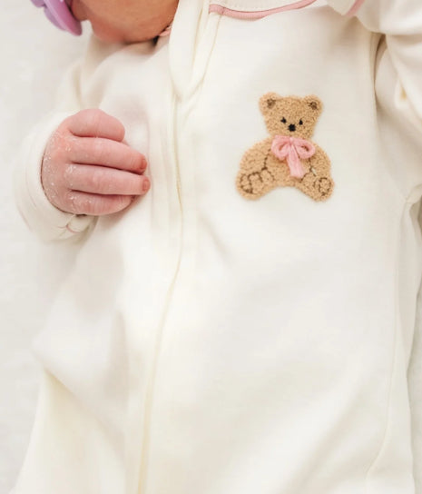 Bear Hugs Zip Footie- Dusty Rose
