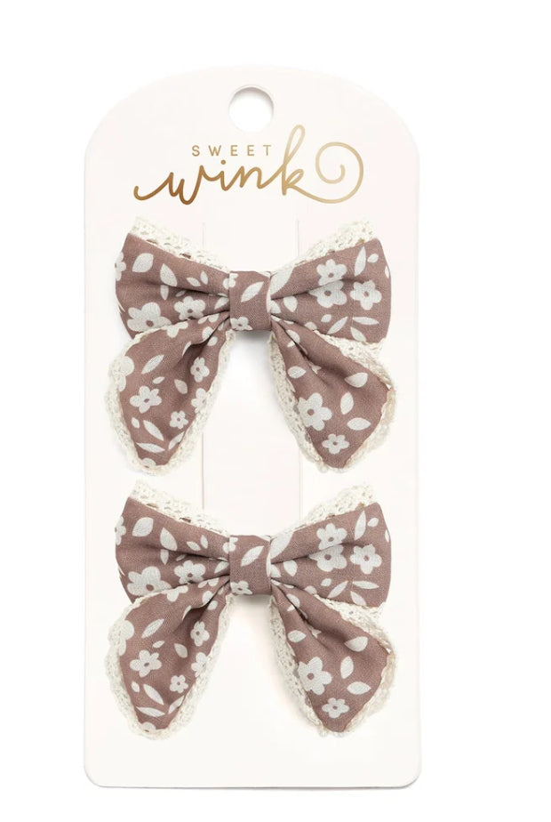 Mocha Floral Lace Bow Clip Set