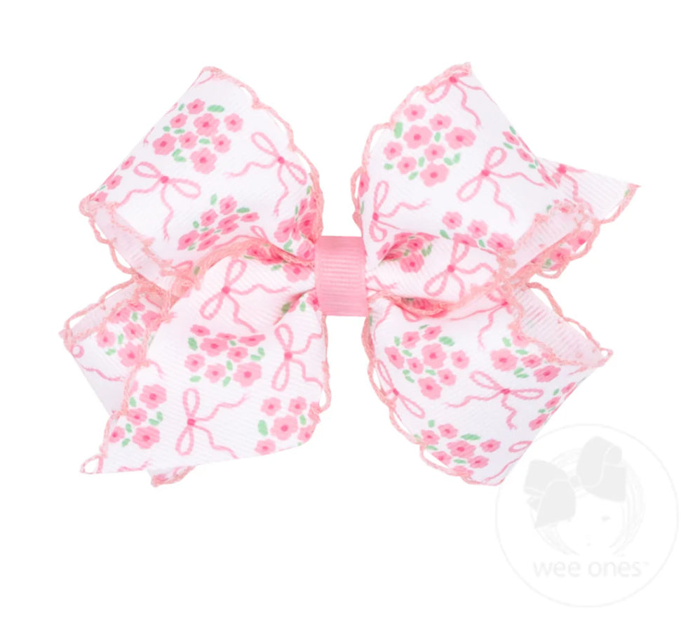 Medium Moonstitch Hair Bow in Pink Bow and Flower Print