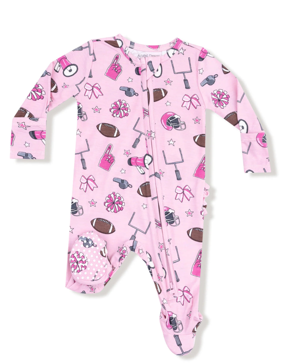 Game Day Pink- Two Way Zipper Ruffle Back Footie