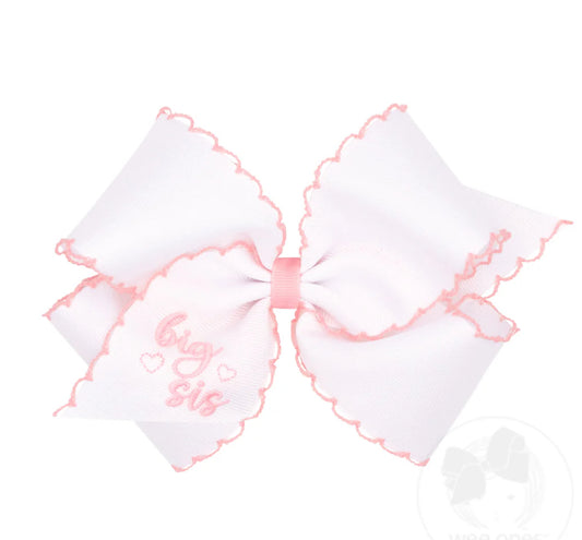 King "Big Sis" Embroidered Bow with Light Pink Moonstitch Edge