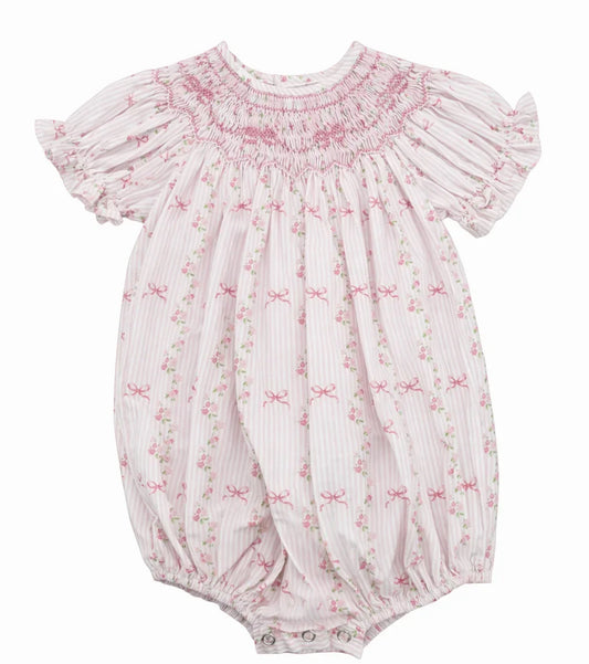 Brittany Pink Stripe Bow and Floral Smocked Bubble