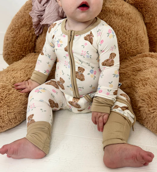 Teddy in Bloom- Zipper Footie Pajamas