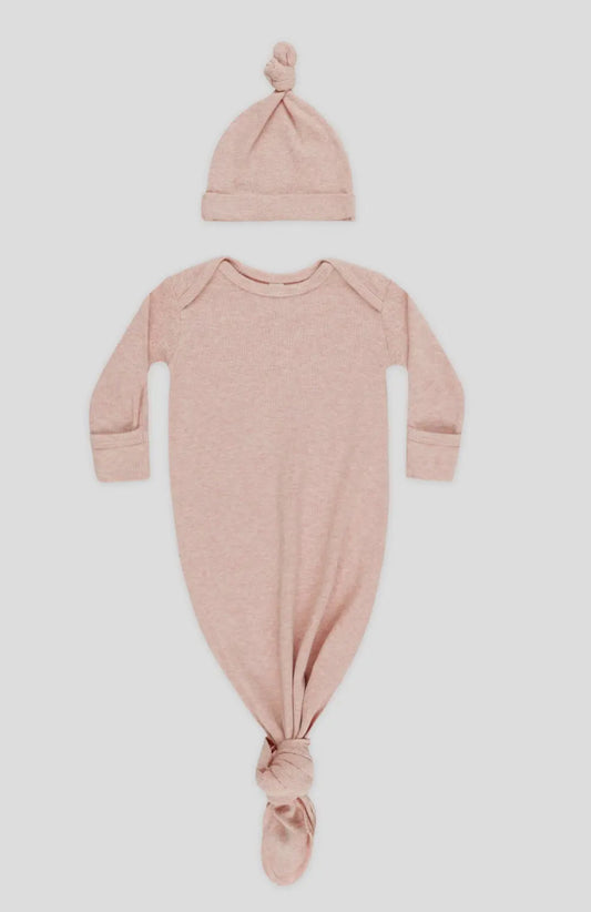 Knotted Baby Gown + Hat- Rose