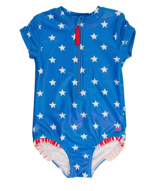 Shimmer Stars and Stripes short sleeve rash guard swimsuit