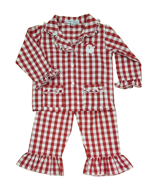Red Gingham Santa Embroidered Ruffle Pajama Set