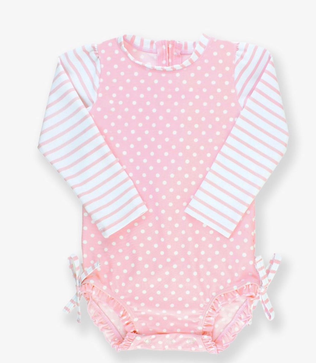 Baby Girls Pink Polka Dot Long Sleeve One Piece Rash Guard Swimsuit with Signature Rear Ruffles