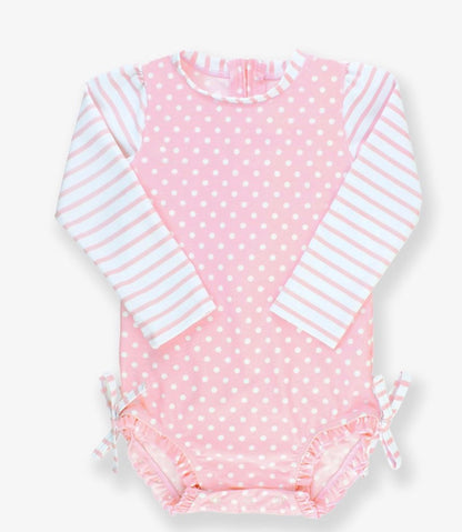 Baby Girls Pink Polka Dot Long Sleeve One Piece Rash Guard Swimsuit with Signature Rear Ruffles