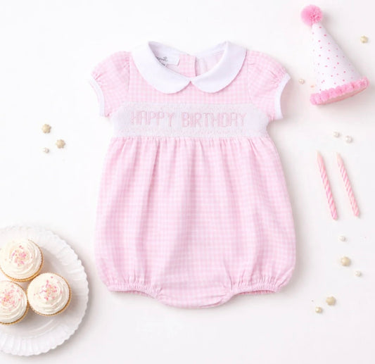 Happy Birthday Smocked Pink Gingham Bubble