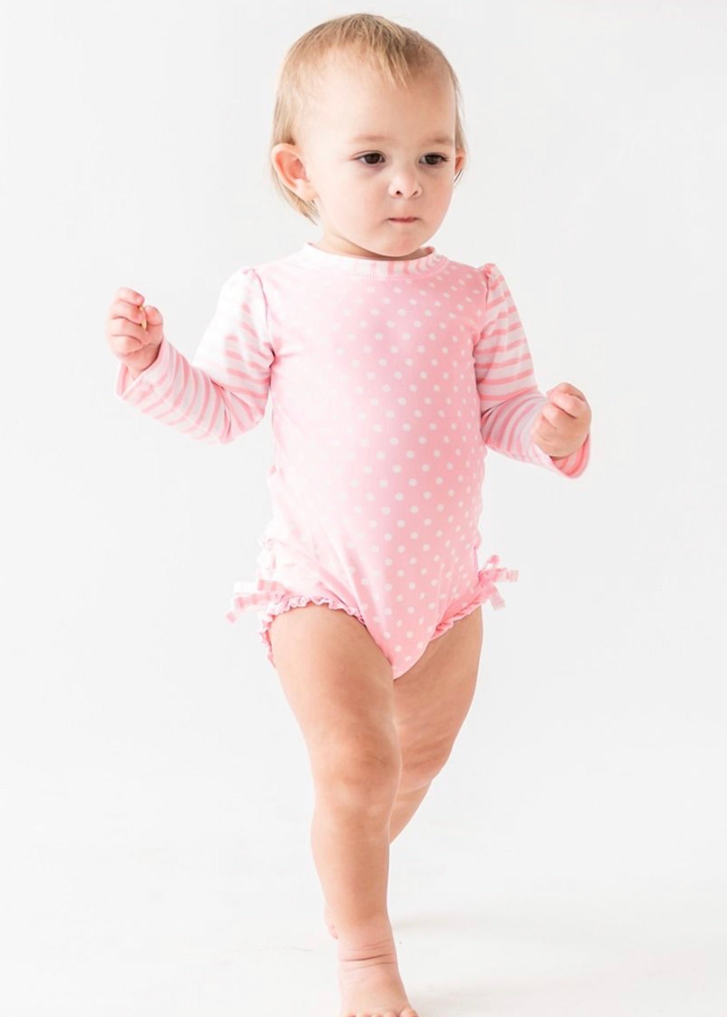 Baby Girls Pink Polka Dot Long Sleeve One Piece Rash Guard Swimsuit with Signature Rear Ruffles