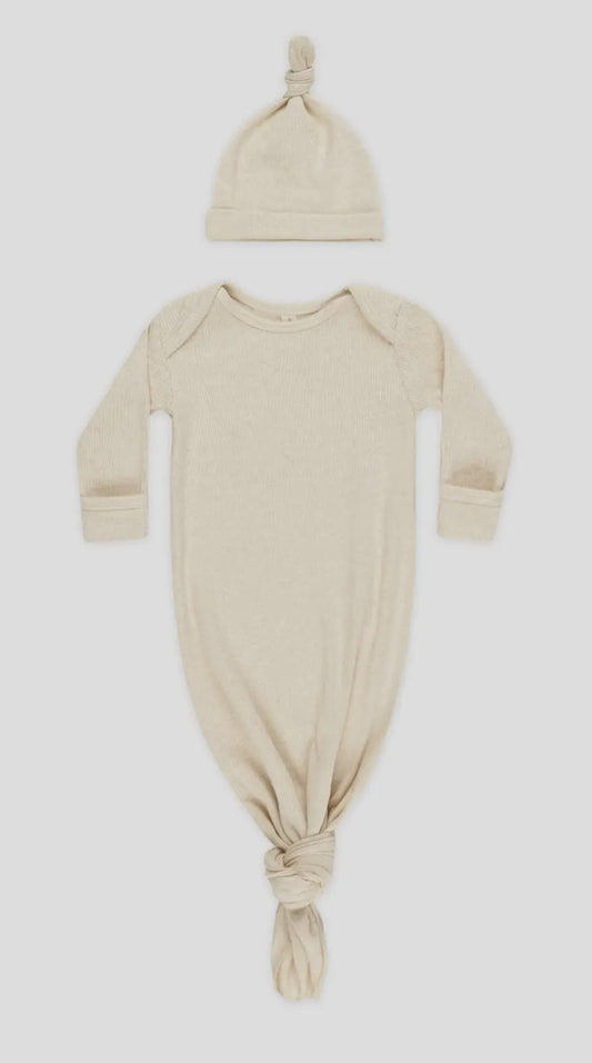 Knotted Baby Gown + Hat- Oatmeal