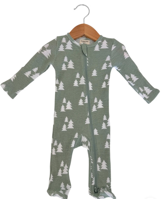 Organic Waffle 2-Way Zip Footie- Alpine Trees