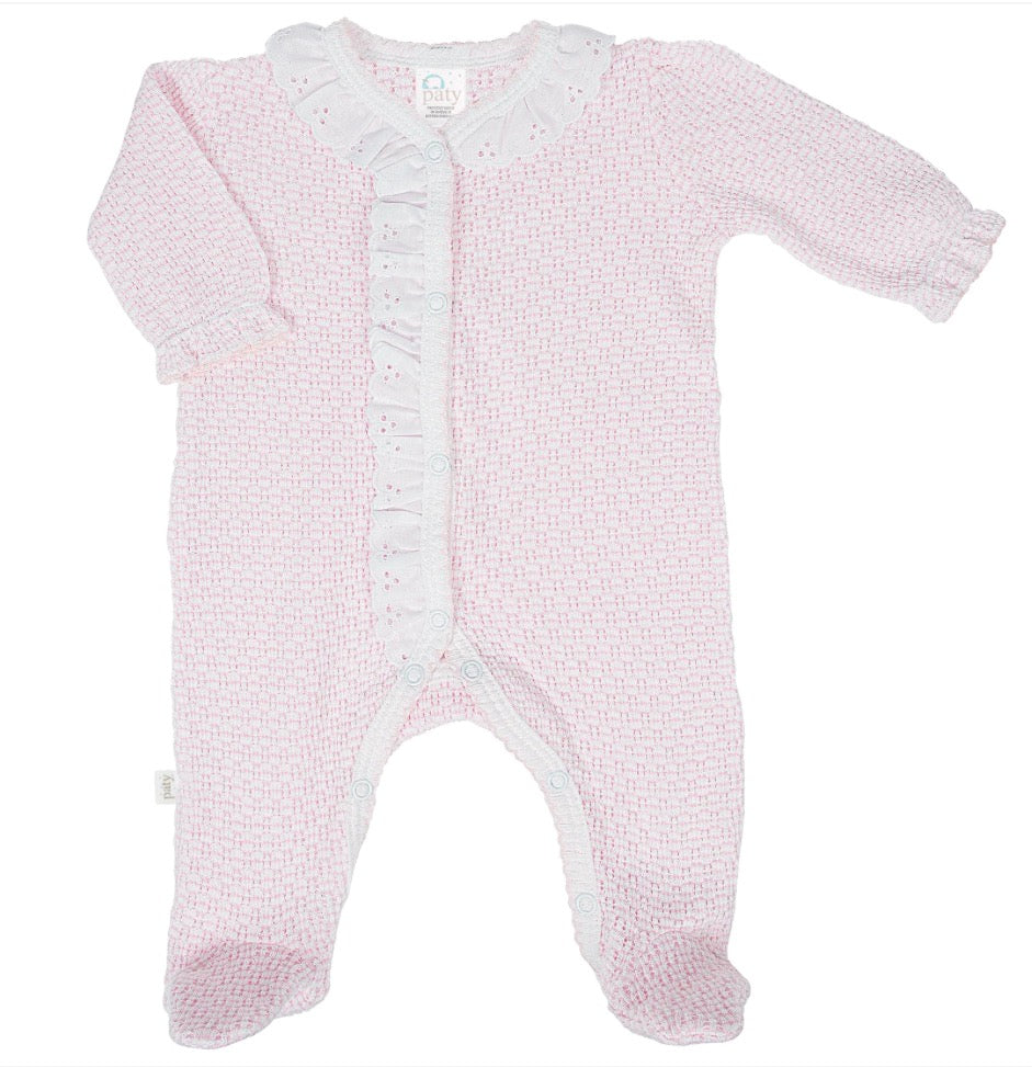 Paty Knit Solid Color Footie with Eyelet Trim Pink
